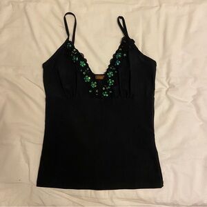 black y2k stretchy tank top with green/holographic beaded flowers and sequins.
